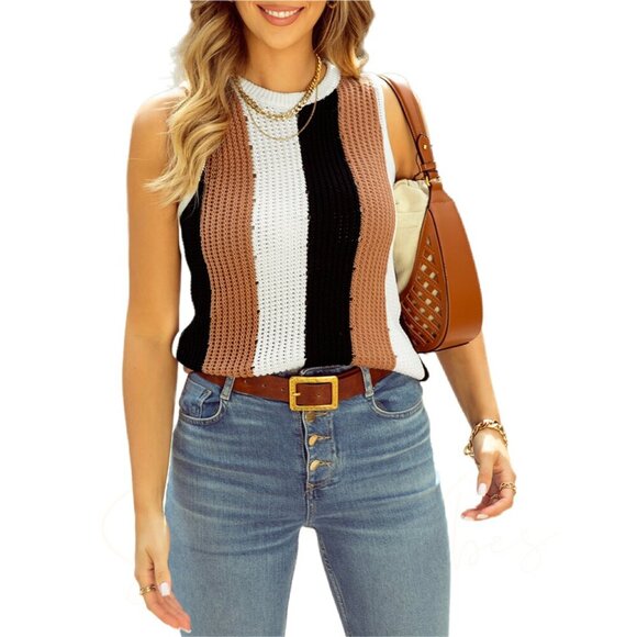 🧶 Khaki Colorblock Striped Knit Sweater Vest – Size L & XL - Picture 1 of 7